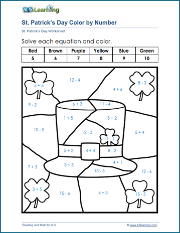 St Patrick's Day color by number worksheet