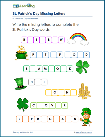 St. Patrick's Day missing letters worksheet