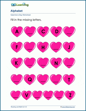 Valentine fill in the missing letters in the alphabet