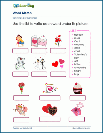 Valentine's Day Word Match Worksheet