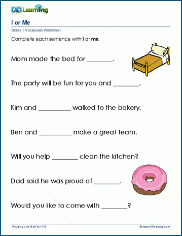 Grade 1 Vocabulary Worksheet on using I or me