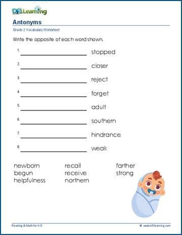 Grade 2 vocabulary worksheet antonyms