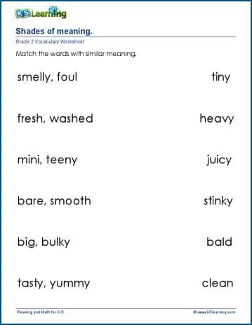 Grade 2 vocabulary worksheet shades of meaning
