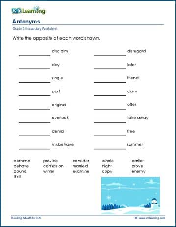 Grade 3 Vocabulary Worksheet antonyms