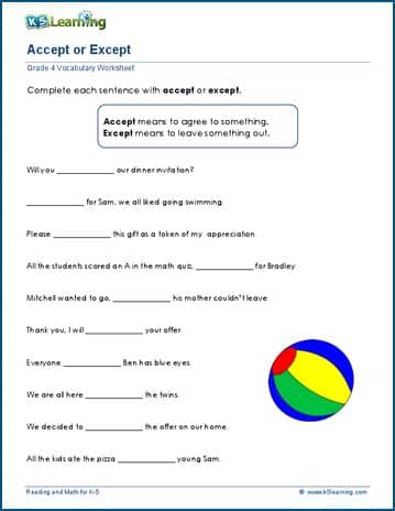 Accept vs except worksheets | K5 Learning