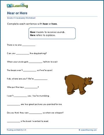Grade 4 Vocabulary Worksheet on using here or hear in sentences