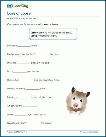 Grade 4 Vocabulary Worksheet on using lose or loose in sentences