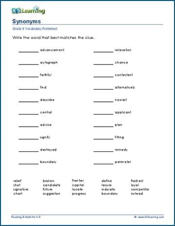 Grade 4 Vocabulary Worksheet synonyms