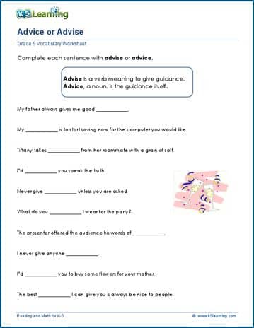 Grade 5 Vocabulary Worksheet words and their meanings