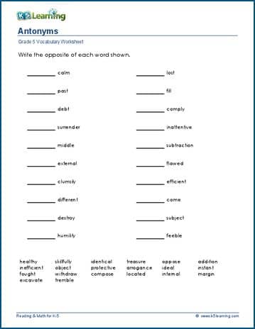 Grade 5 Vocabulary Worksheet antonyms