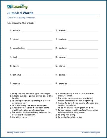 Grade 5 Vocabulary Worksheet jumbled words