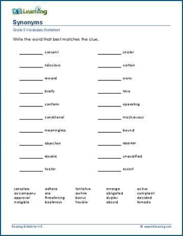 Grade 5 Vocabulary Worksheet synonyms