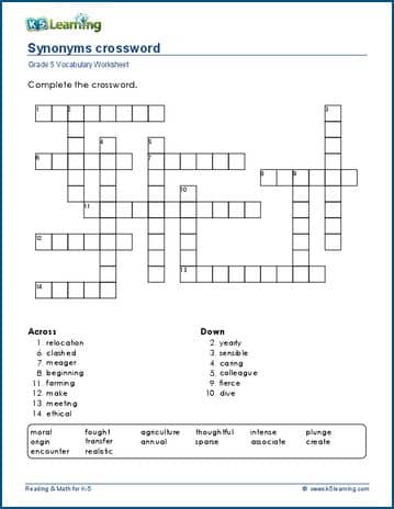 Grade 5 synonyms crosswords