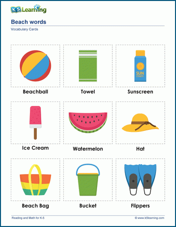 Beach & festival words & vocabulary cards worksheet