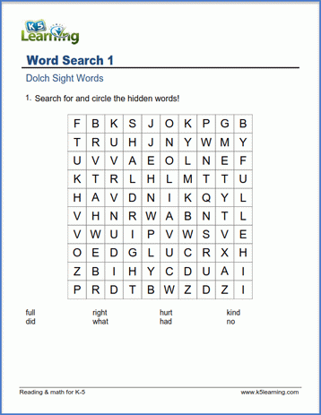 word search using Dolch words only