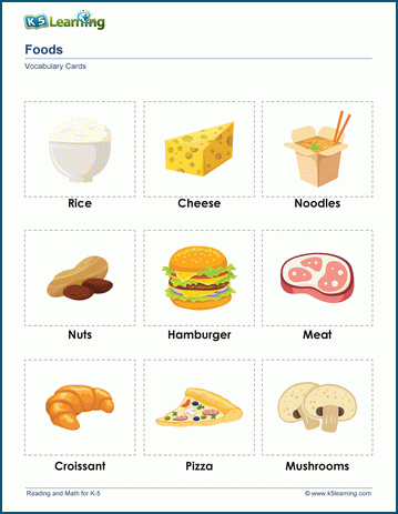 Food words & vocabulary cards worksheet