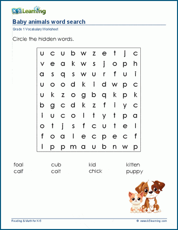 Grade 1 word search: Baby animals word search