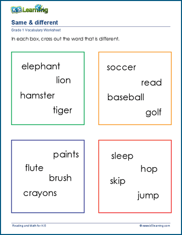 Grade 1 vocabulary worksheet categorization wrong word