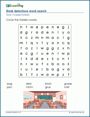Grade 1 word search: classroom items