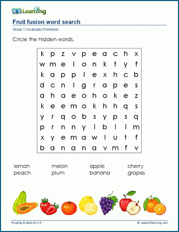 Grade 1 word search: Fruit