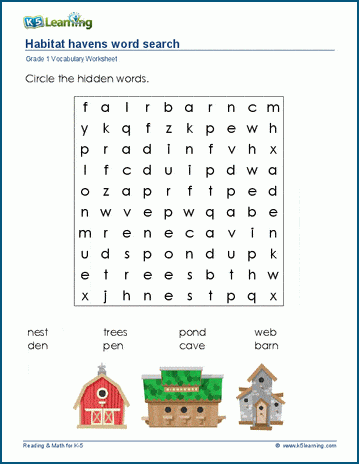 Grade 1 word search: Animal habitats