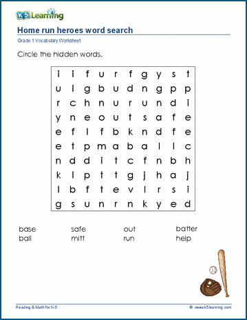 Grade 1 word search: Baseball