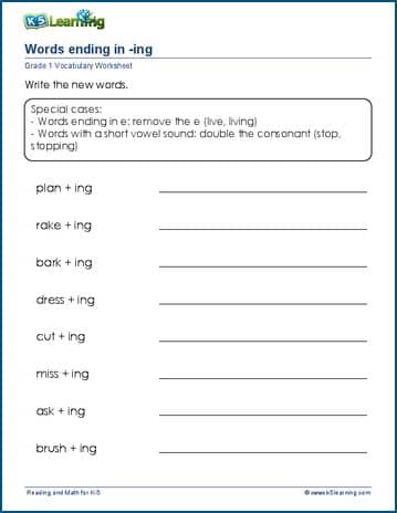 Grade 1 Vocabulary Worksheet - ing ending words