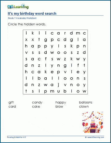 Grade 1 word search: Birthdays