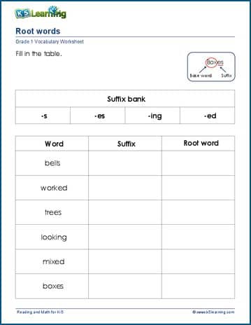 Grade 1 Vocabulary Worksheet - root words