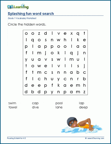 Grade 1 word search: Swimming