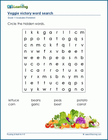 Grade 1 word search: Vegetables