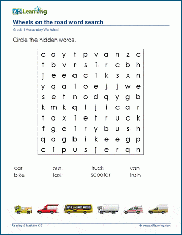 Grade 1 word search: Vehicles