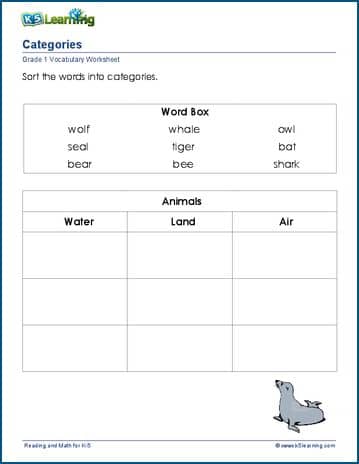 Grade 1 categorization worksheets