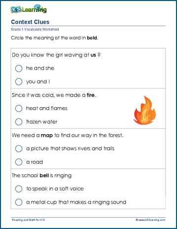 Grade 1 vocabulary worksheet use of context clues