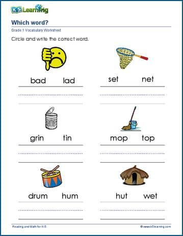 Grade 1 vocabulary worksheet match pictures to words and write the words