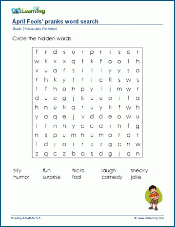 Grade 2 word search: April Fools pranks word search