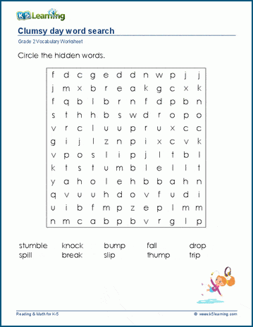 Clumsy day word search puzzle for grade 2