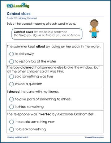 Grade 2 vocabulary worksheet context clues