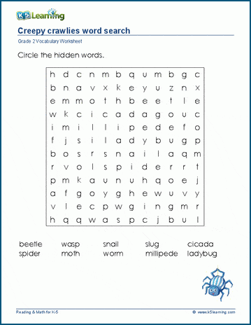 Grade 2 word search: Creepy crawlies word search