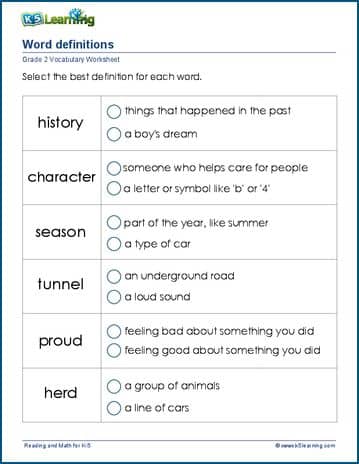 Grade 2 vocabulary worksheet words and their meanings