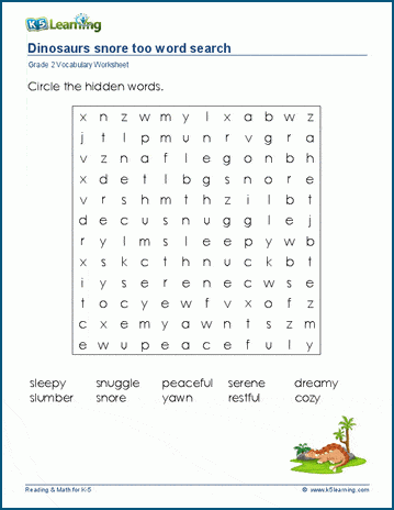 Grade 2 word search: Dinosaur's snore too word search