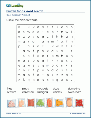 Grade 2 word search: Frozen foods word search