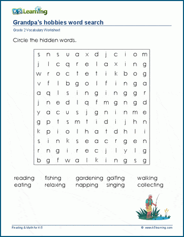Grandpa's hobbies word search for grade 2