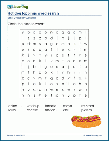 Grade 2 word search: Hot dog toppings word search