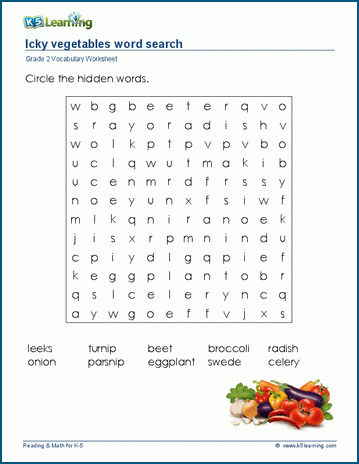 Grade 2 word search: Icky vegetables word search