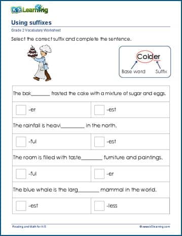Grade 2 Vocabulary Worksheet - identify suffixes