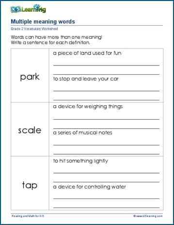 Grade 2 vocabulary worksheet multiple meaning words