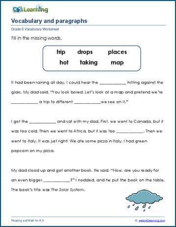 Grade 2 vocabulary worksheet words in paragraphs