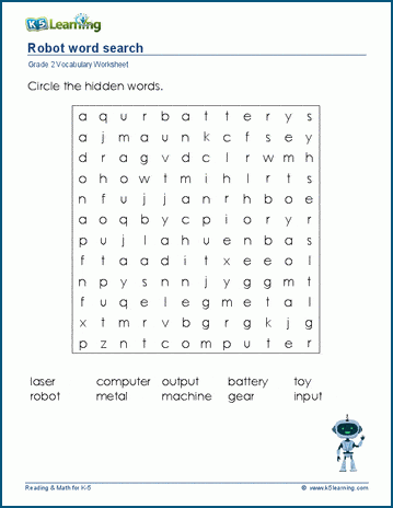 Grade 2 word search: Robot word search