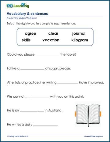Grade 2 vocabulary worksheet sentences